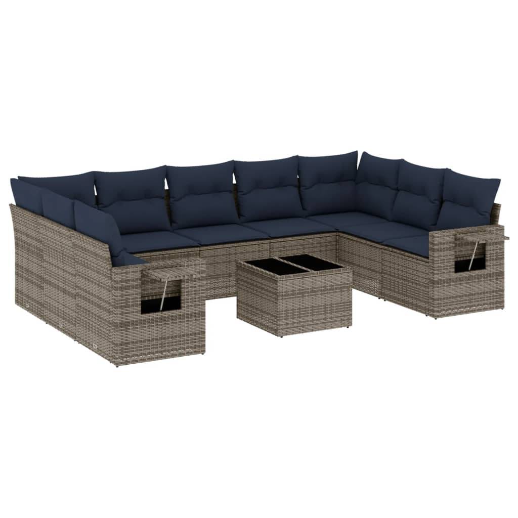 vidaXL 10-teiliges Gartensofa-Set mit Kissen, grau, Polyrattan