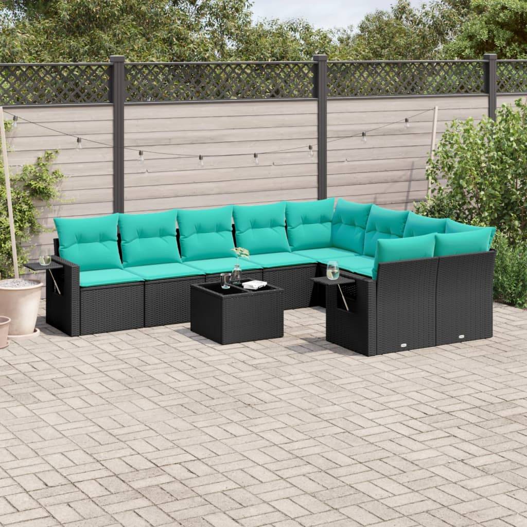 vidaXL 10-teiliges Gartensofa-Set mit Kissen, schwarzes Polyrattan