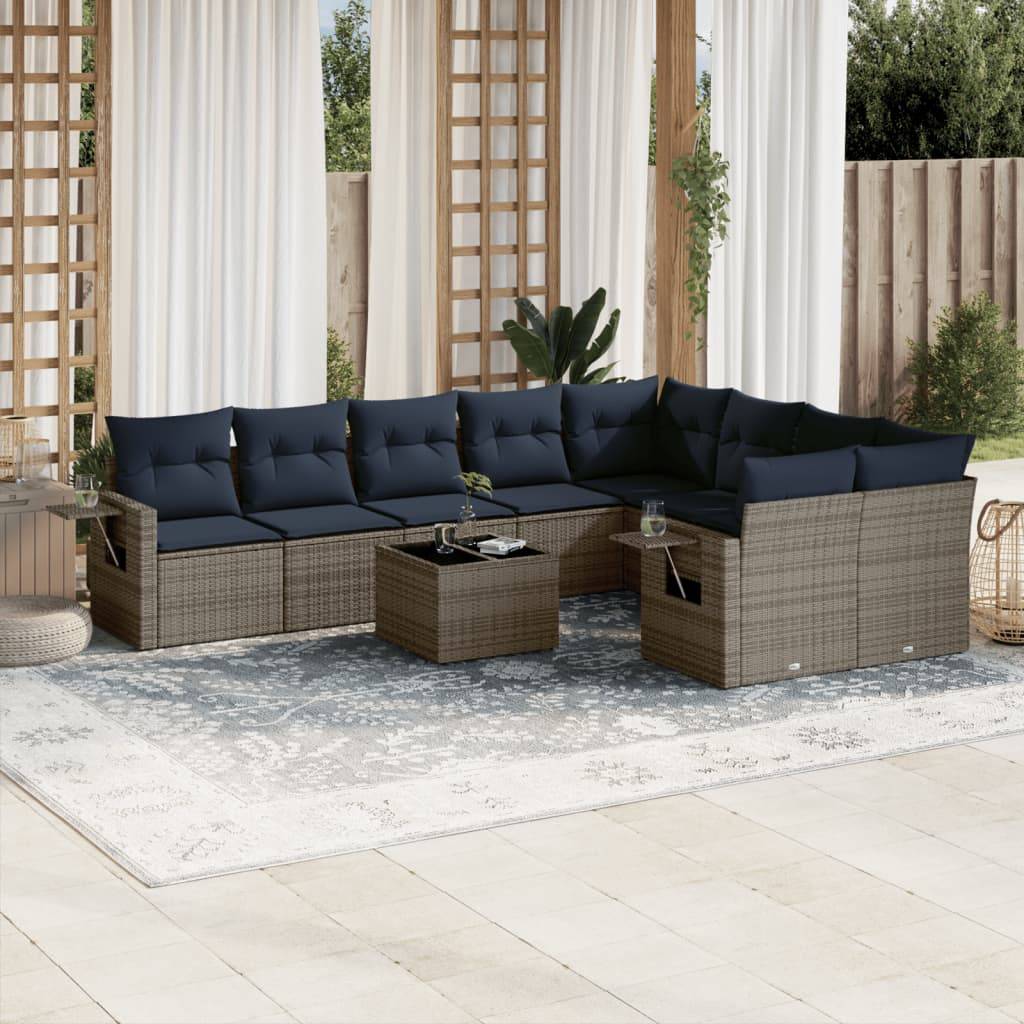 vidaXL 10-teiliges Gartensofa-Set mit Kissen, grau, Polyrattan
