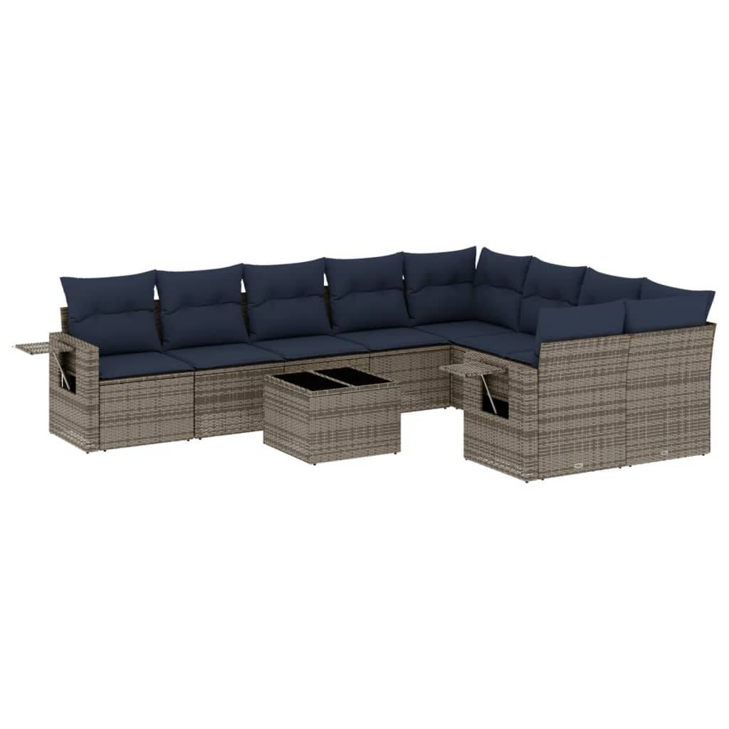 vidaXL 10-teiliges Gartensofa-Set mit Kissen, grau, Polyrattan