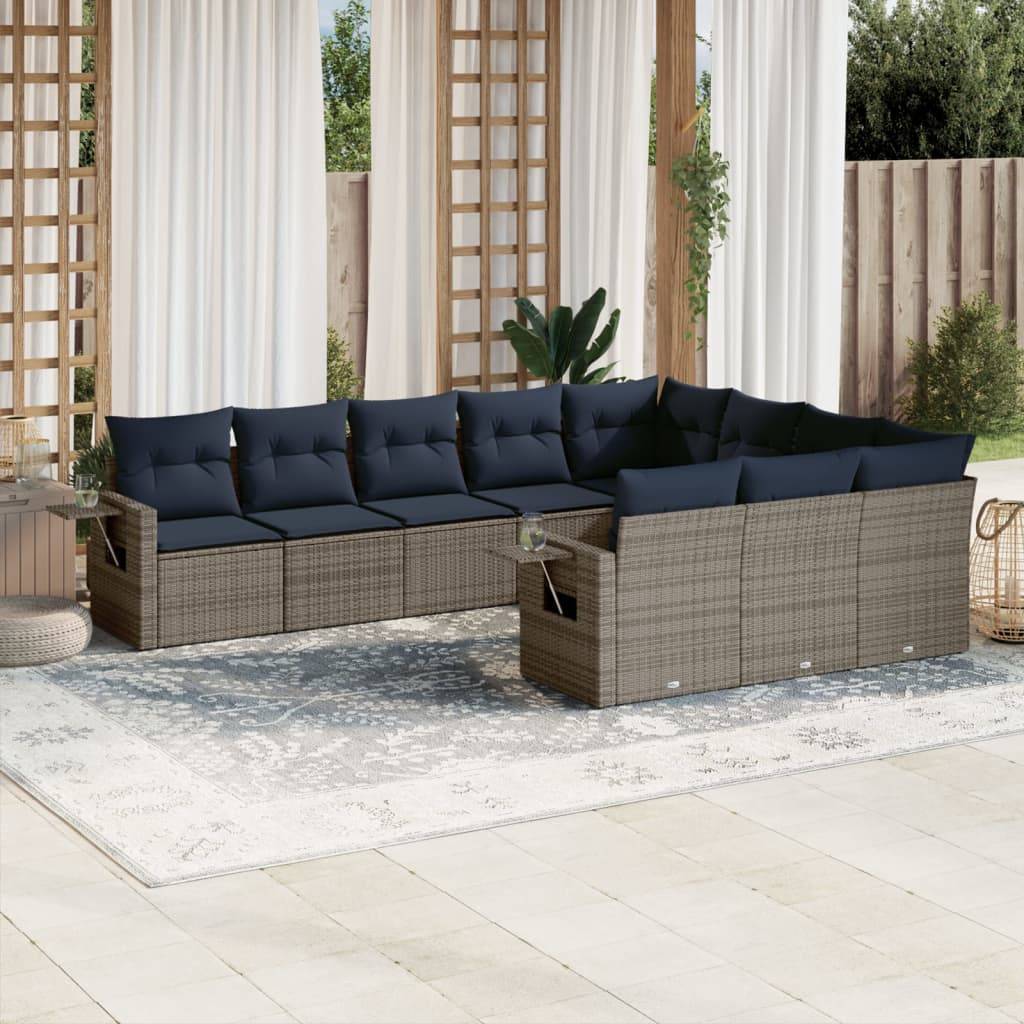 vidaXL 10-teiliges Gartensofa-Set mit Kissen, grau, Polyrattan