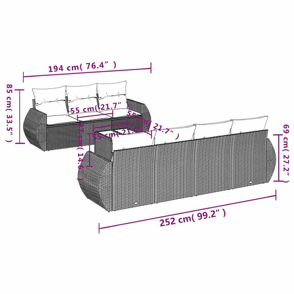 vidaXL 8-teiliges Gartensofa-Set mit Kissen, schwarzes Polyrattan