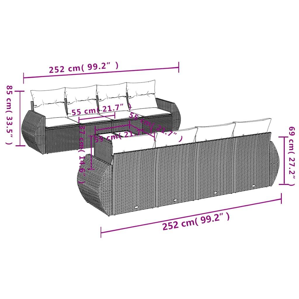 vidaXL 9-teiliges Gartensofa-Set mit Kissen, schwarzes Polyrattan
