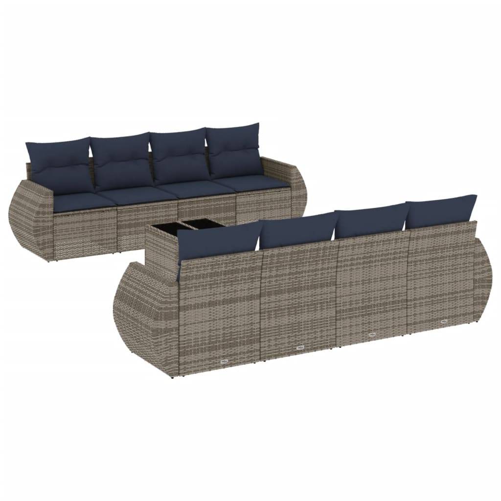 vidaXL 9-teiliges Gartensofa-Set mit Kissen, grau, Polyrattan
