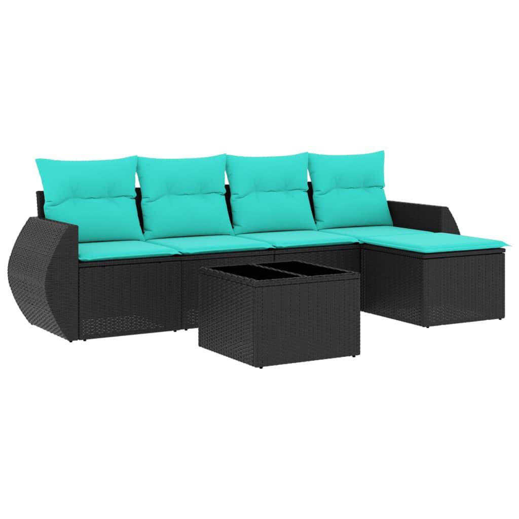 vidaXL 6-teiliges Gartensofa-Set mit Kissen, schwarzes Polyrattan
