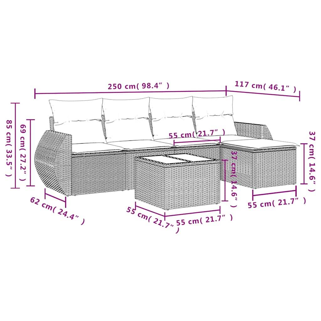 vidaXL 6-teiliges Gartensofa-Set mit Kissen, schwarzes Polyrattan