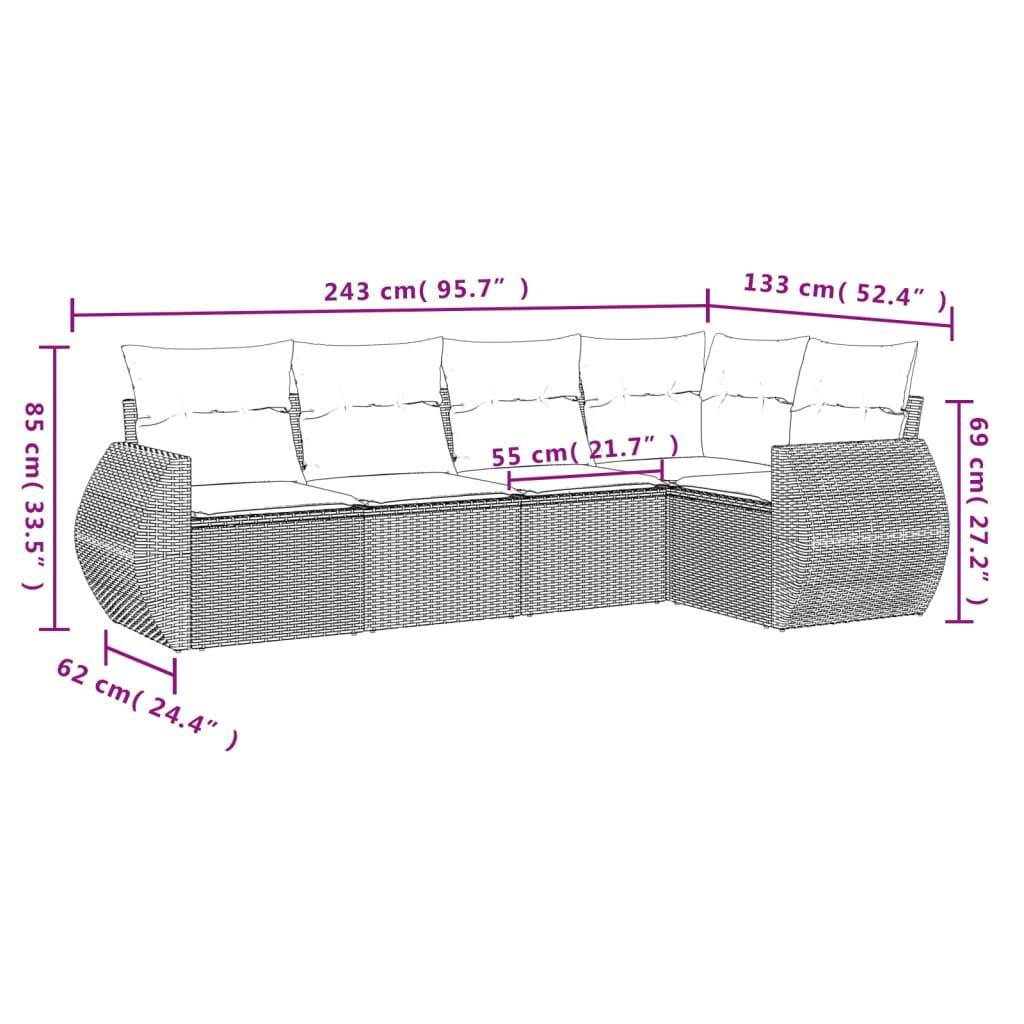 vidaXL 5-teiliges Gartensofa-Set mit Kissen, grau, Polyrattan