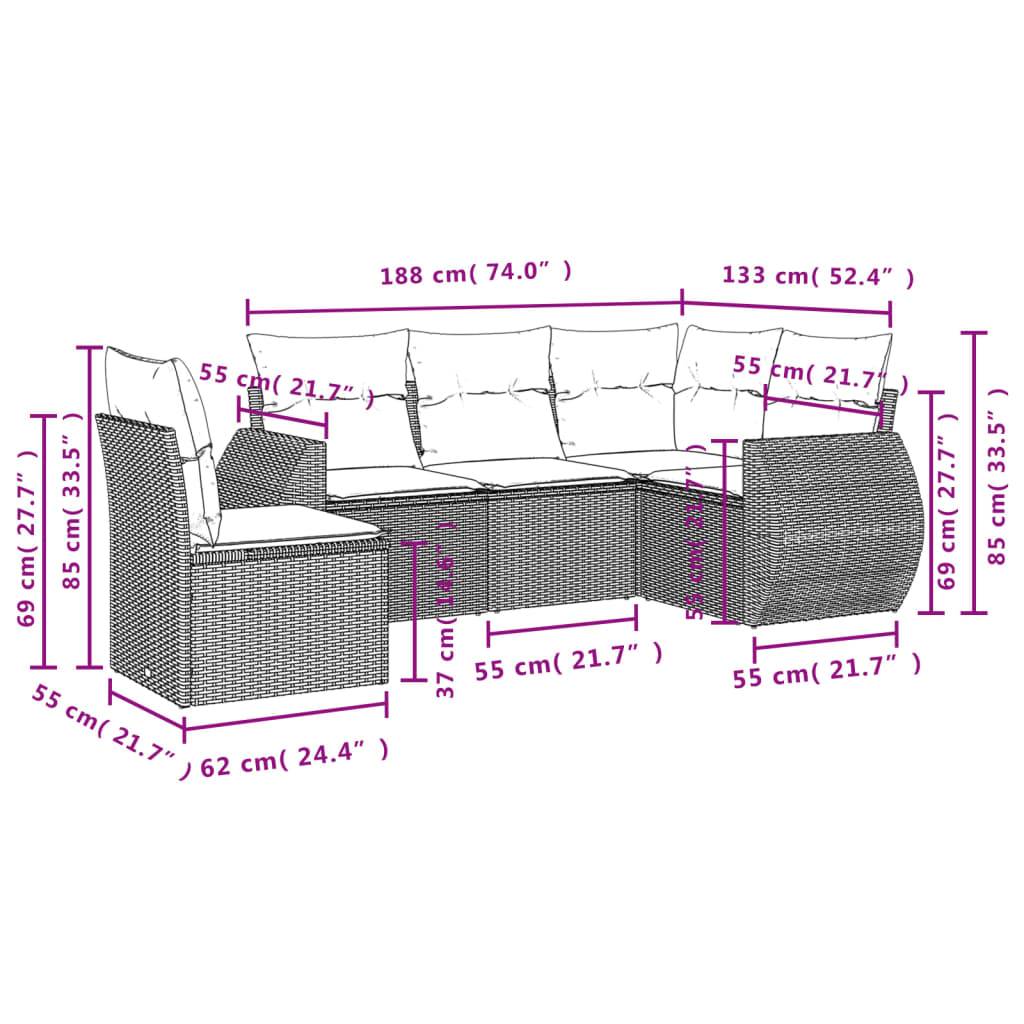 vidaXL 5-teiliges Gartensofa-Set mit Kissen, schwarzes Polyrattan