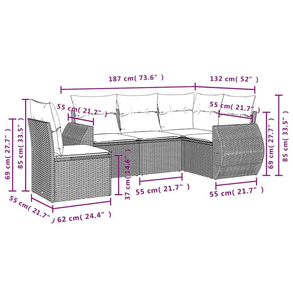 vidaXL 5-teiliges Gartensofa-Set mit Kissen, braun, Polyrattan