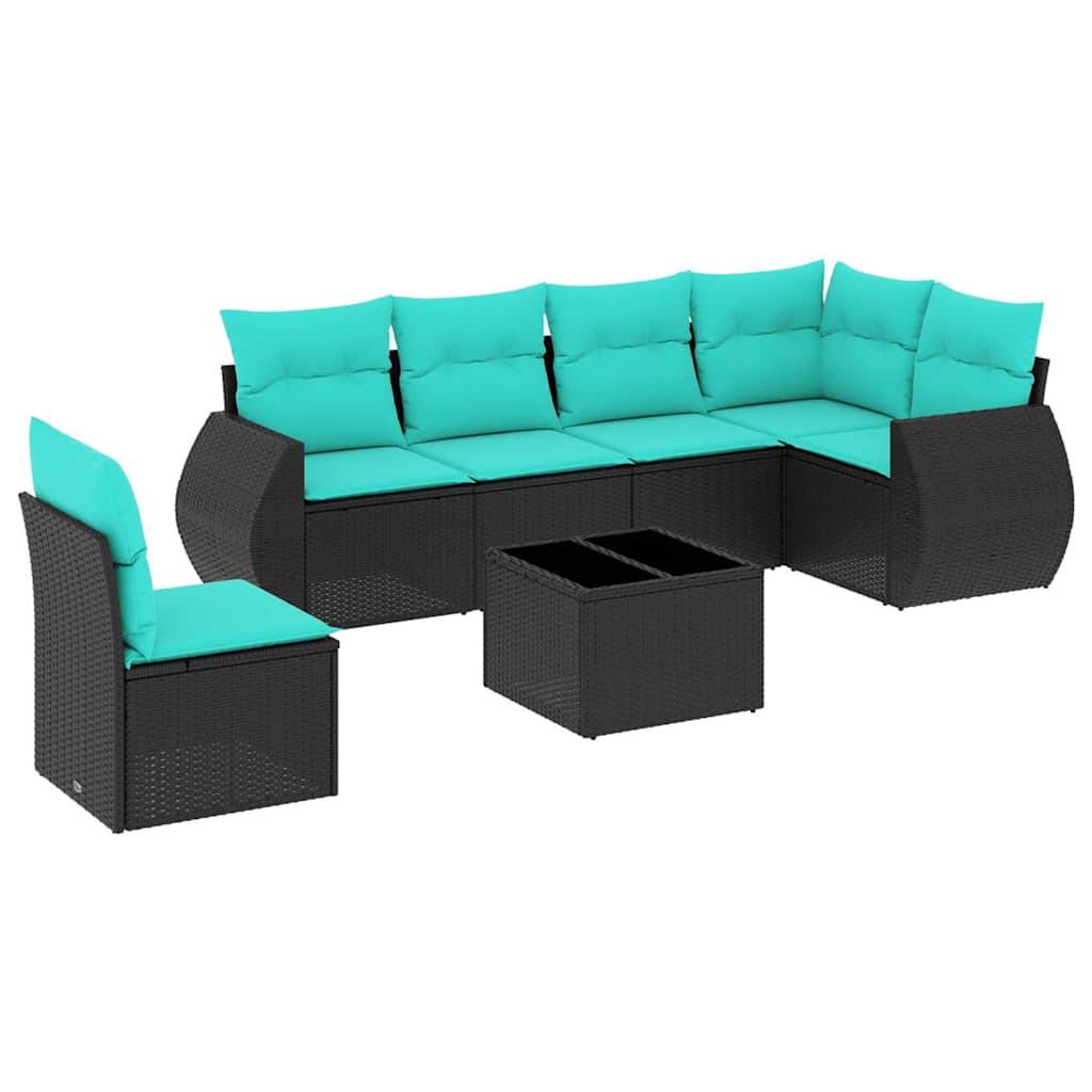 vidaXL 7-teiliges Gartensofa-Set mit Kissen, schwarzes Polyrattan
