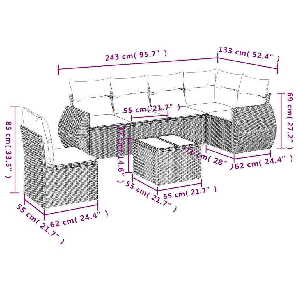 vidaXL 7-teiliges Gartensofa-Set mit Kissen, schwarzes Polyrattan