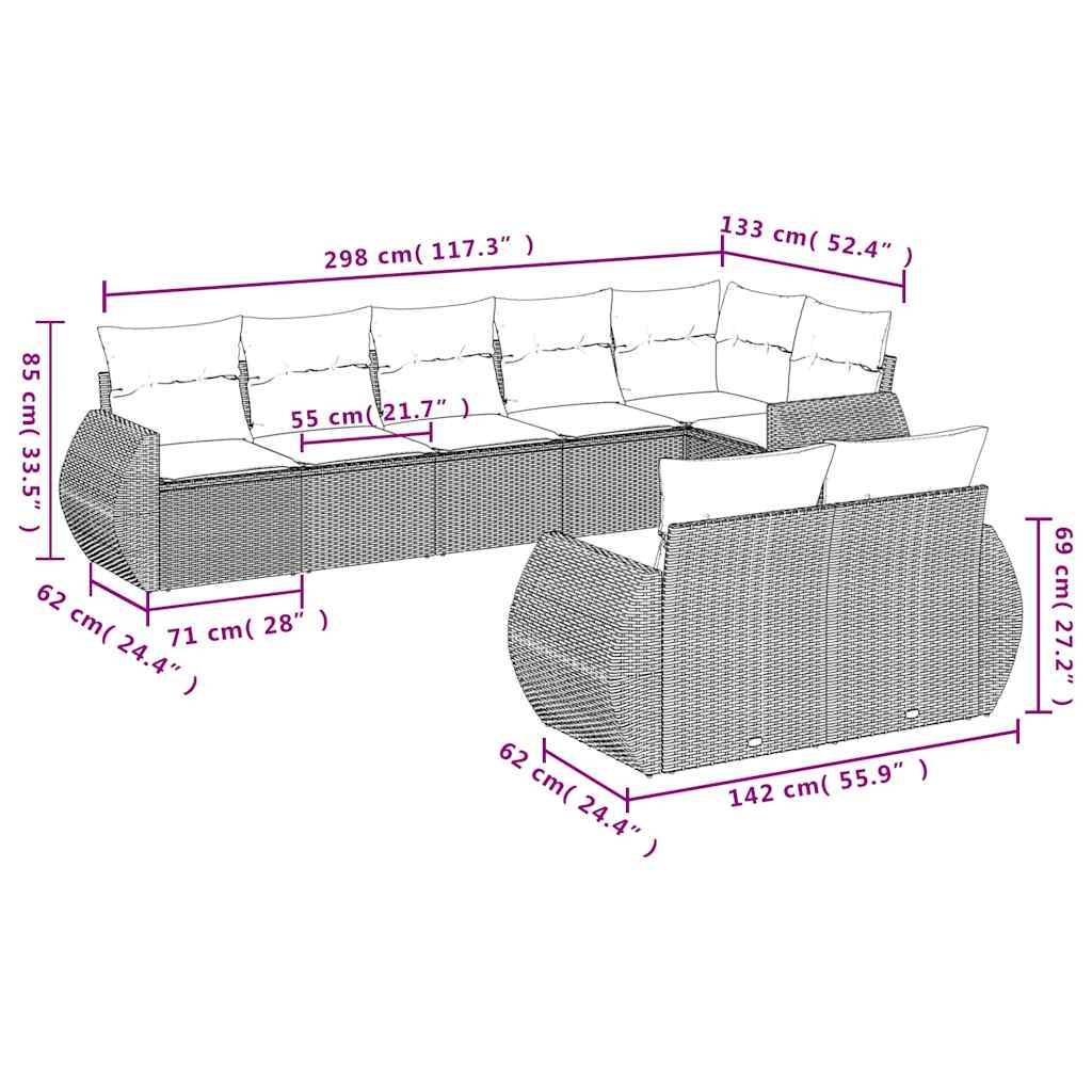 vidaXL 8-teiliges Gartensofa-Set mit Kissen, schwarzes Polyrattan