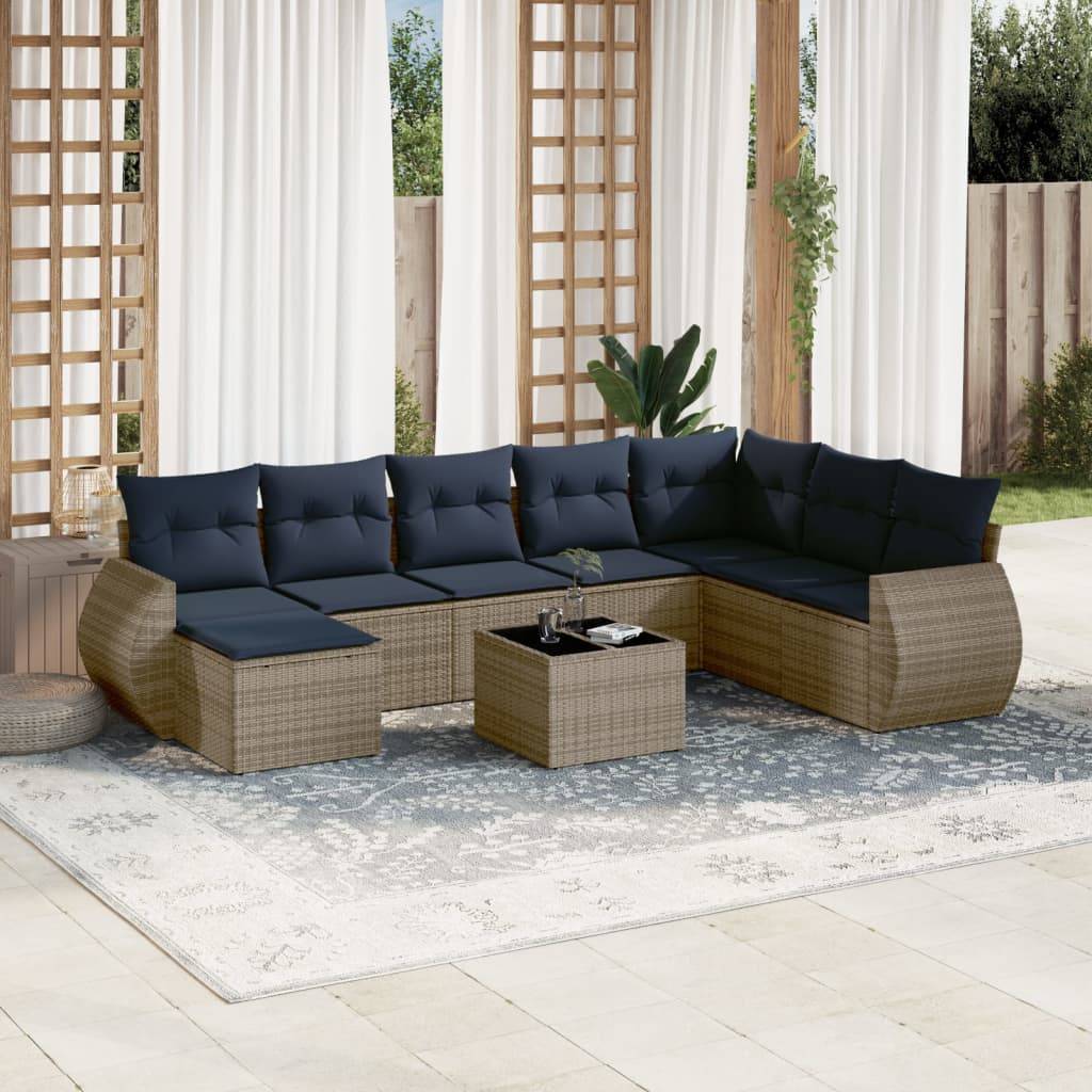 vidaXL 9-teiliges Gartensofa-Set mit Kissen, grau, Polyrattan