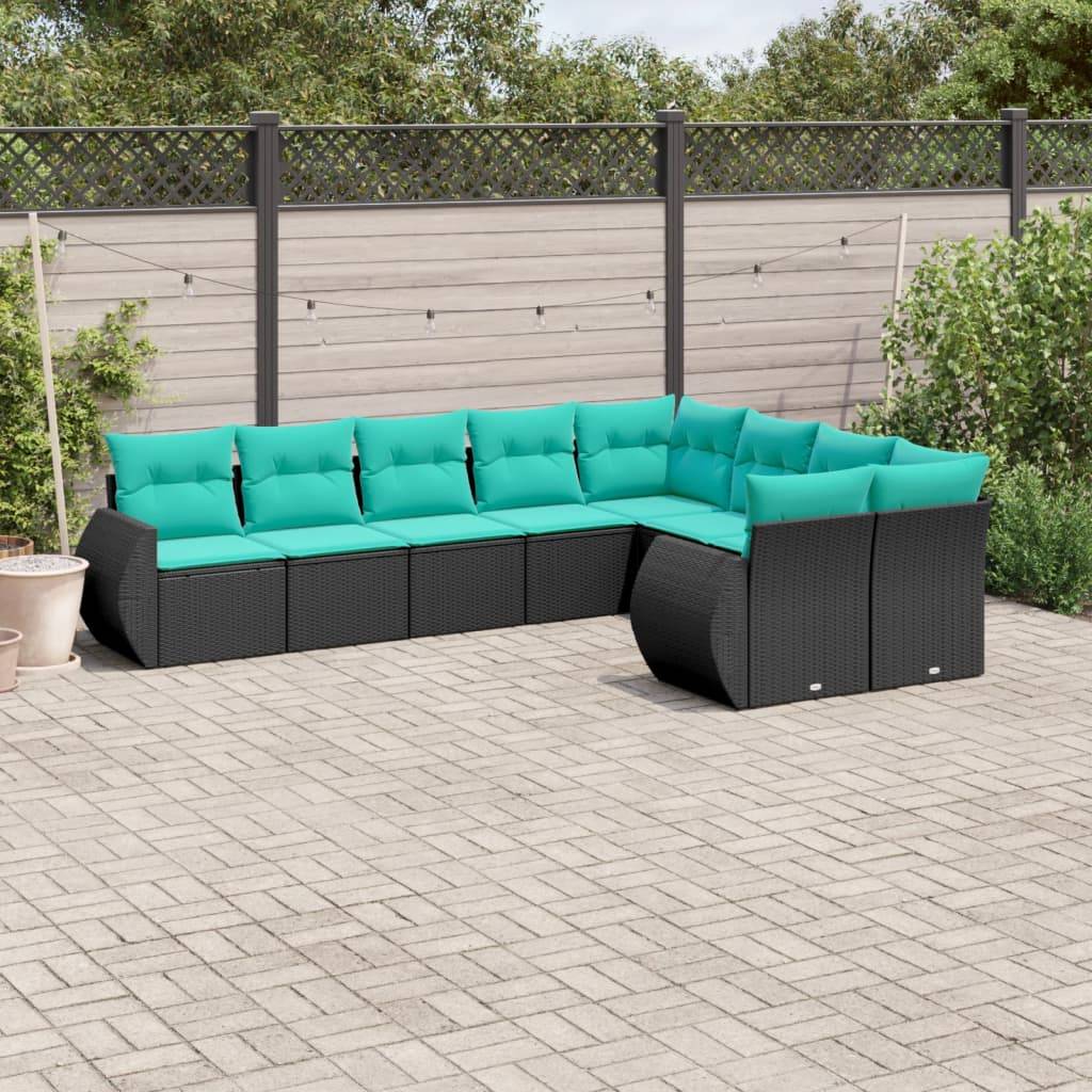 vidaXL 9-teiliges Gartensofa-Set mit Kissen, schwarzes Polyrattan