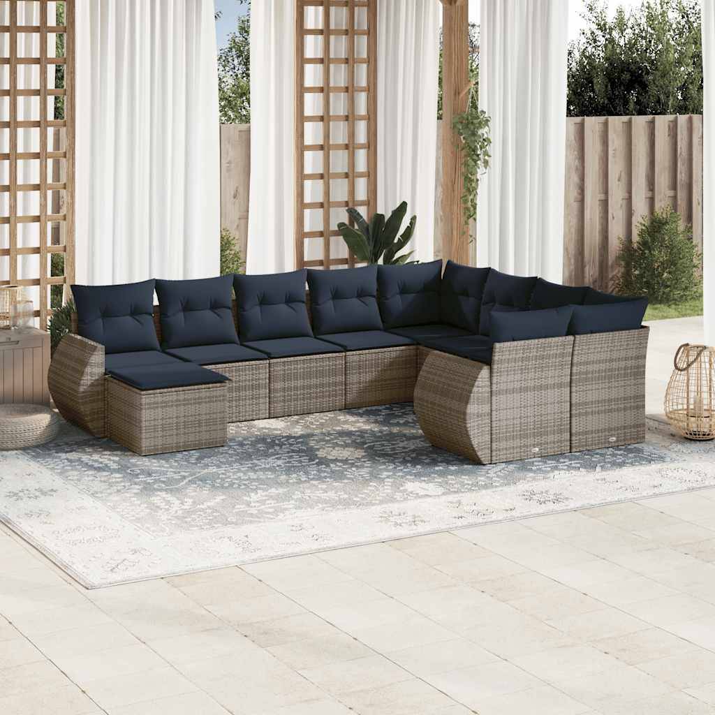 vidaXL 10-teiliges Gartensofa-Set mit Kissen, grau, Polyrattan