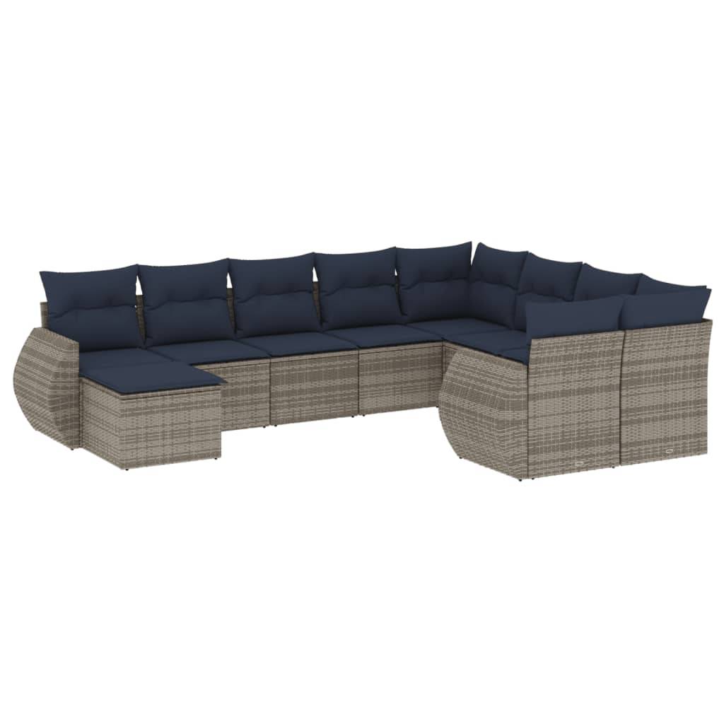 vidaXL 10-teiliges Gartensofa-Set mit Kissen, grau, Polyrattan