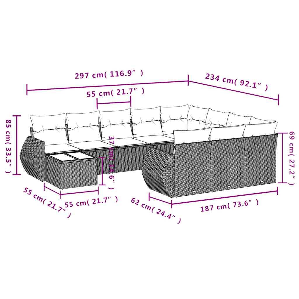 vidaXL 11-teiliges Gartensofa-Set mit Kissen, braun, Polyrattan