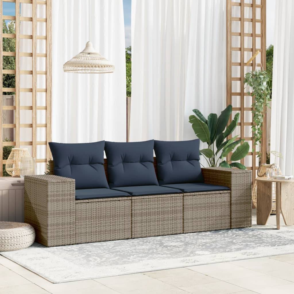 vidaXL 3-teiliges Gartensofa-Set mit Kissen, grau, Polyrattan