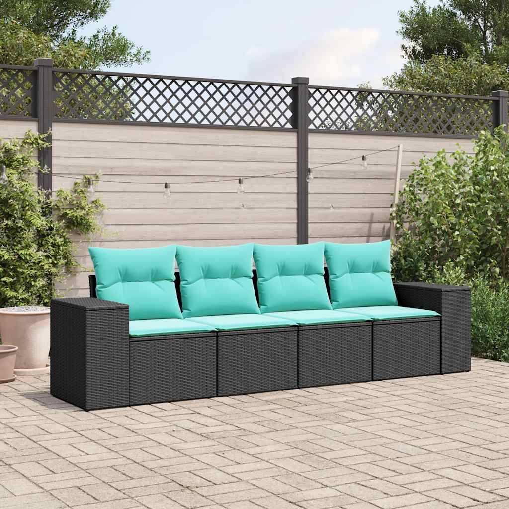 vidaXL 4-teiliges Gartensofa-Set mit Kissen, schwarzes Polyrattan