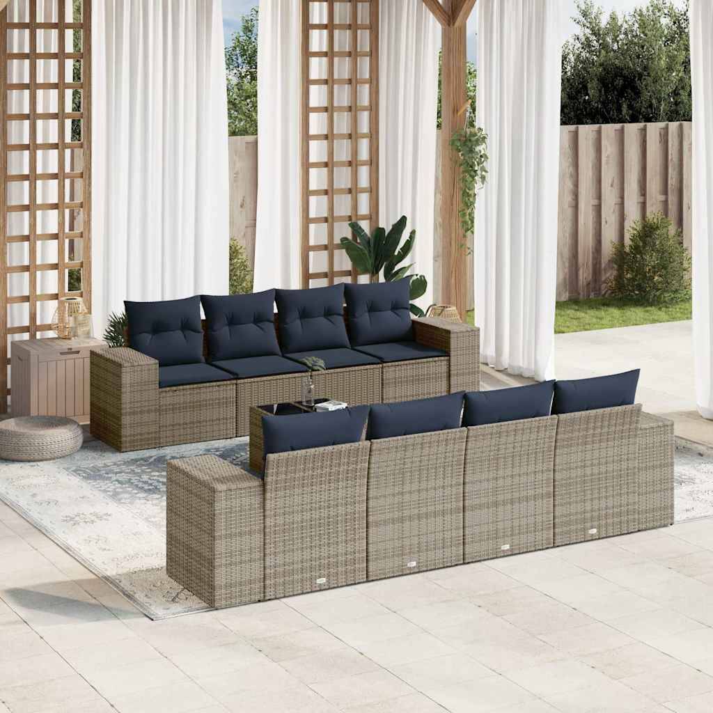 vidaXL 9-teiliges Gartensofa-Set mit Kissen, grau, Polyrattan