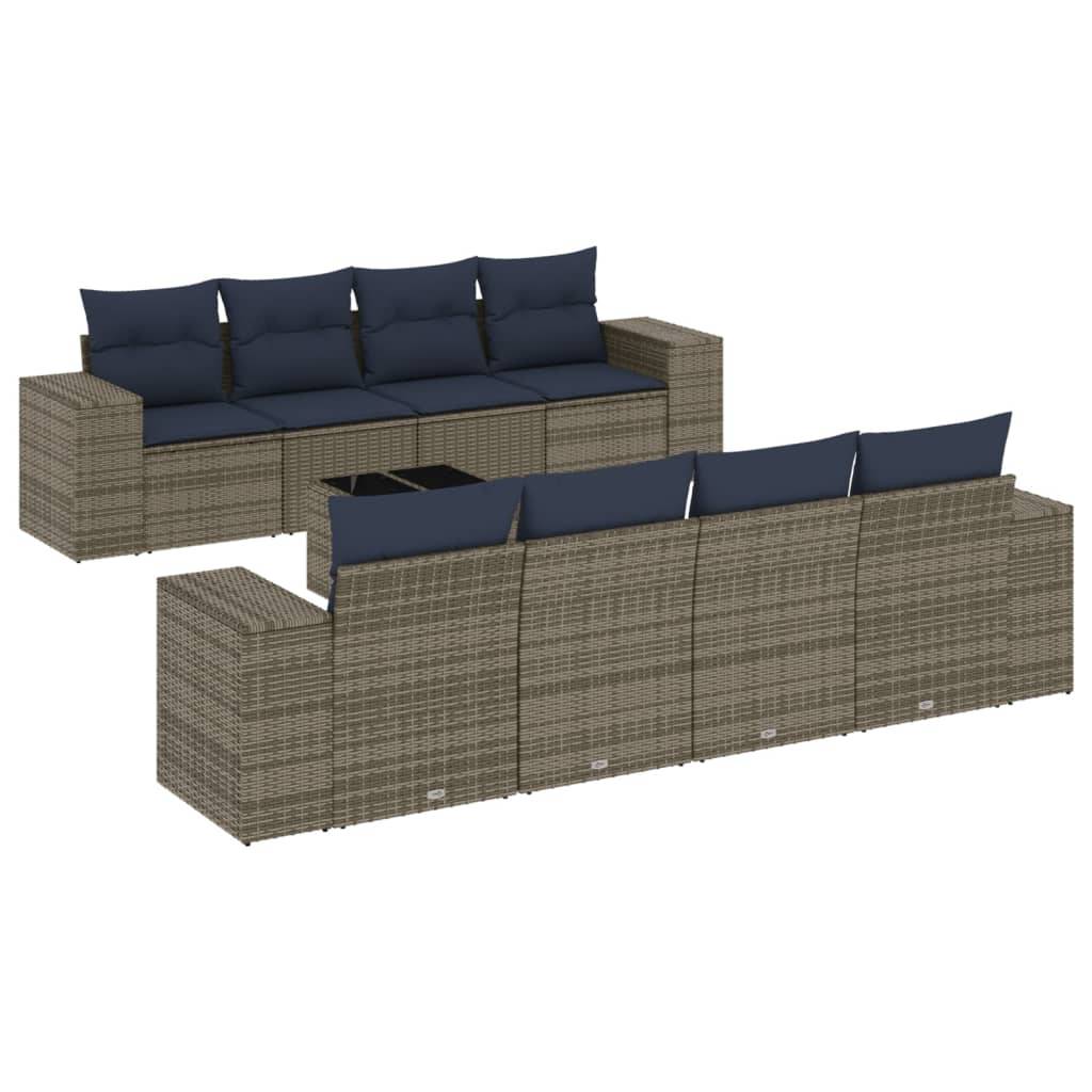 vidaXL 9-teiliges Gartensofa-Set mit Kissen, grau, Polyrattan