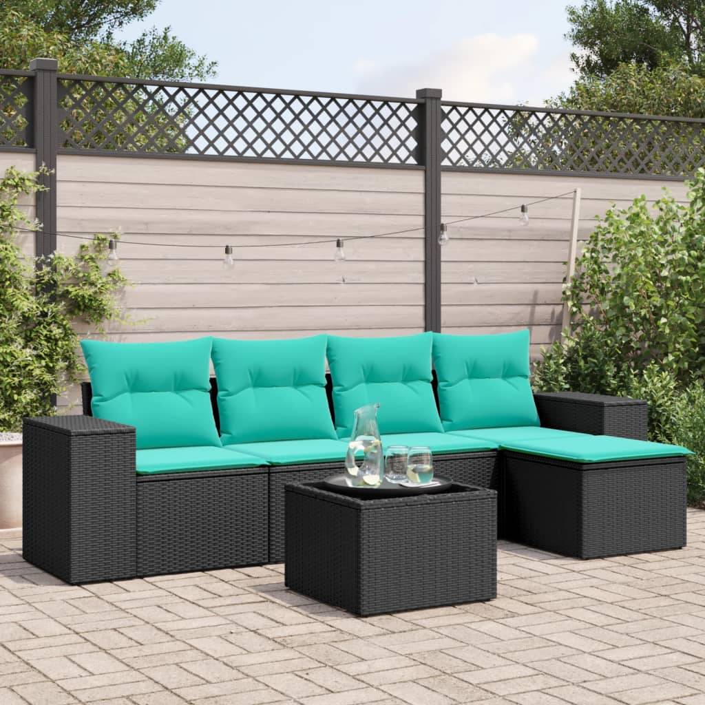 vidaXL 6-teiliges Gartensofa-Set mit Kissen, schwarzes Polyrattan