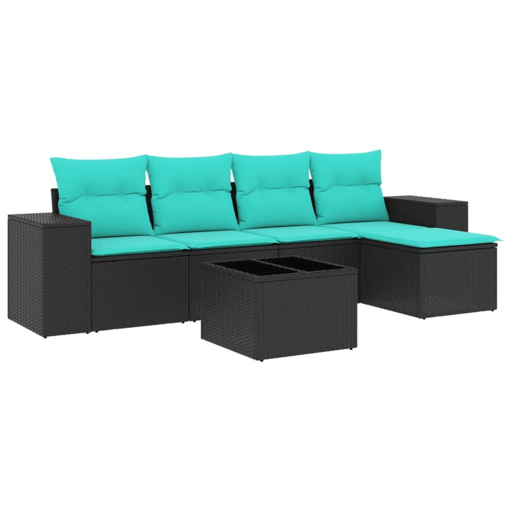 vidaXL 6-teiliges Gartensofa-Set mit Kissen, schwarzes Polyrattan