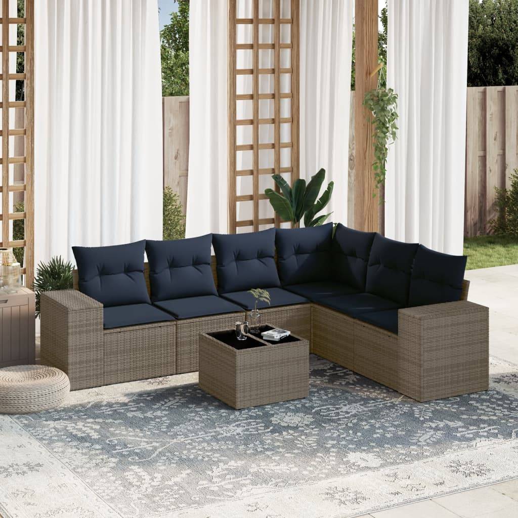 vidaXL 7-teiliges Gartensofa-Set mit Kissen, grau, Polyrattan