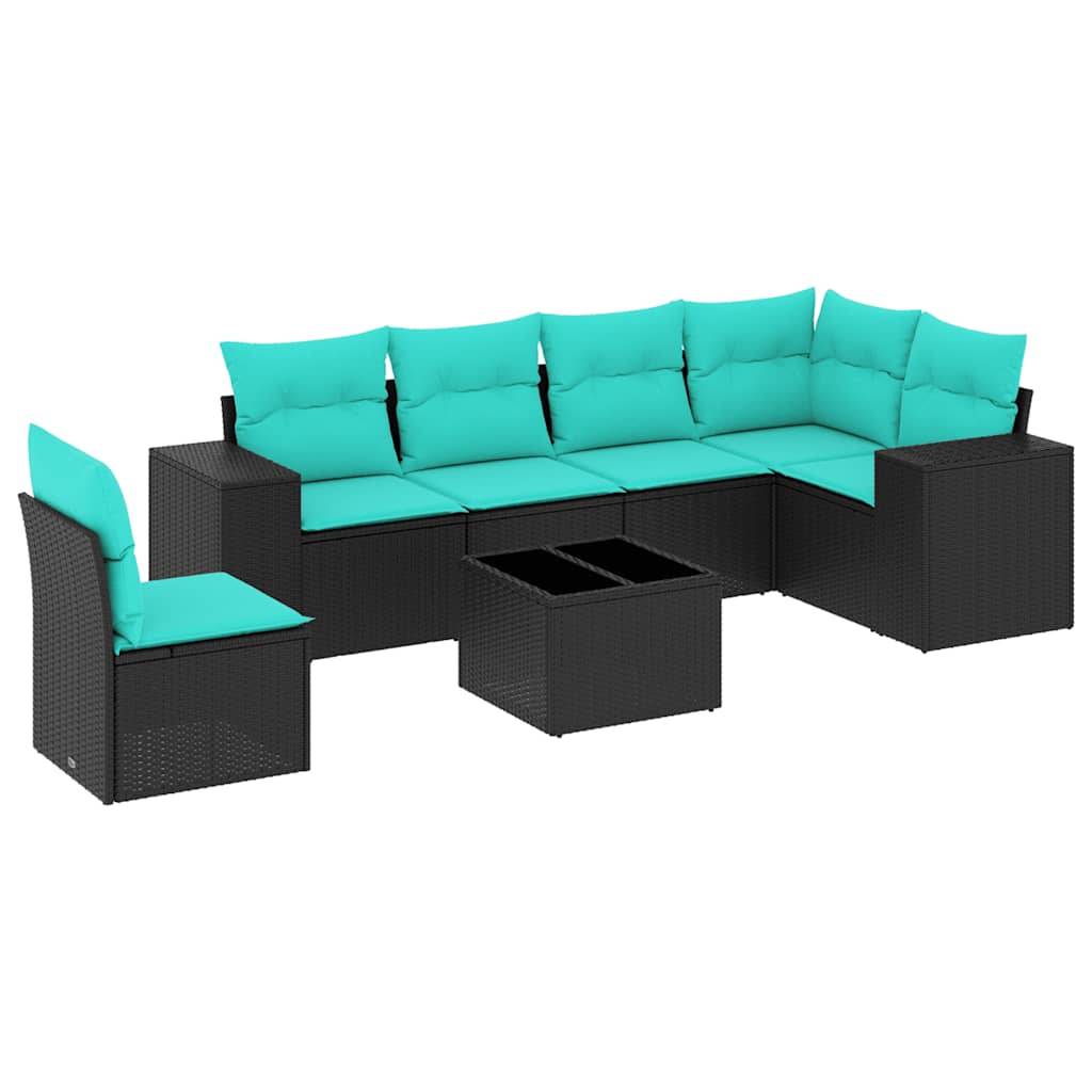 vidaXL 7-teiliges Gartensofa-Set mit Kissen, schwarzes Polyrattan
