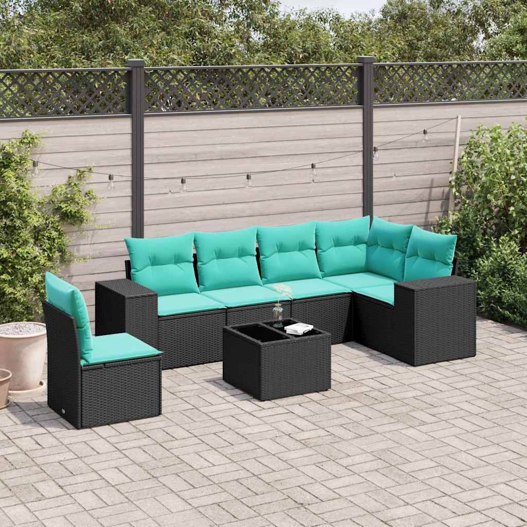vidaXL 7-teiliges Gartensofa-Set mit Kissen, schwarzes Polyrattan
