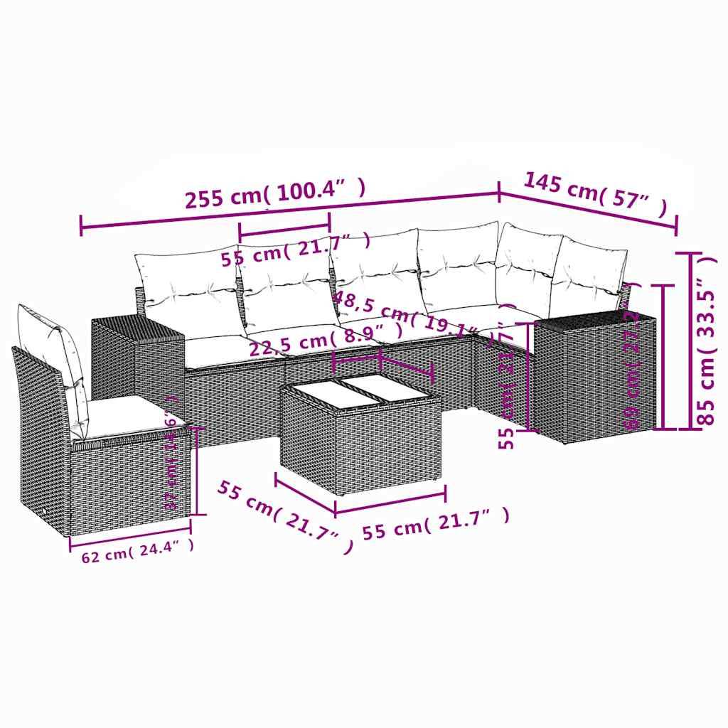 vidaXL 7-teiliges Gartensofa-Set mit Kissen, schwarzes Polyrattan
