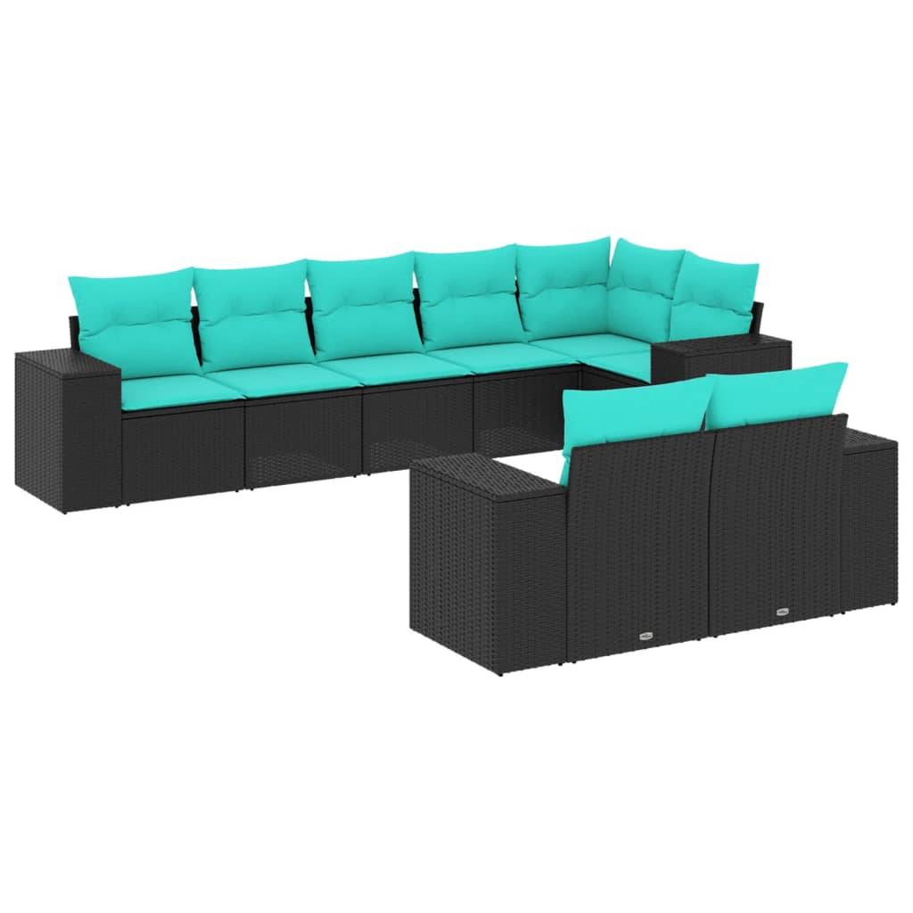 vidaXL 8-teiliges Gartensofa-Set mit Kissen, schwarzes Polyrattan