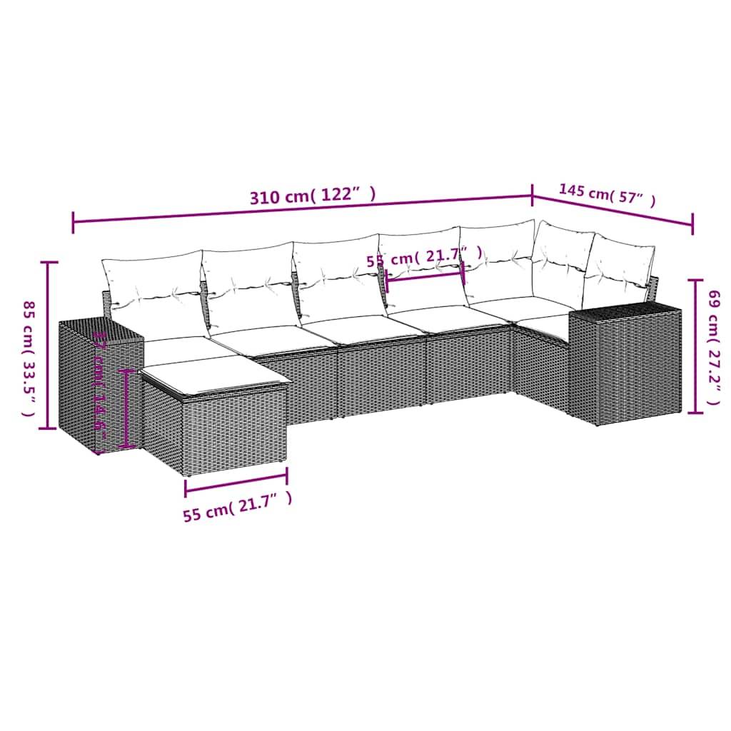 vidaXL 7-teiliges Gartensofa-Set mit Kissen, grau, Polyrattan