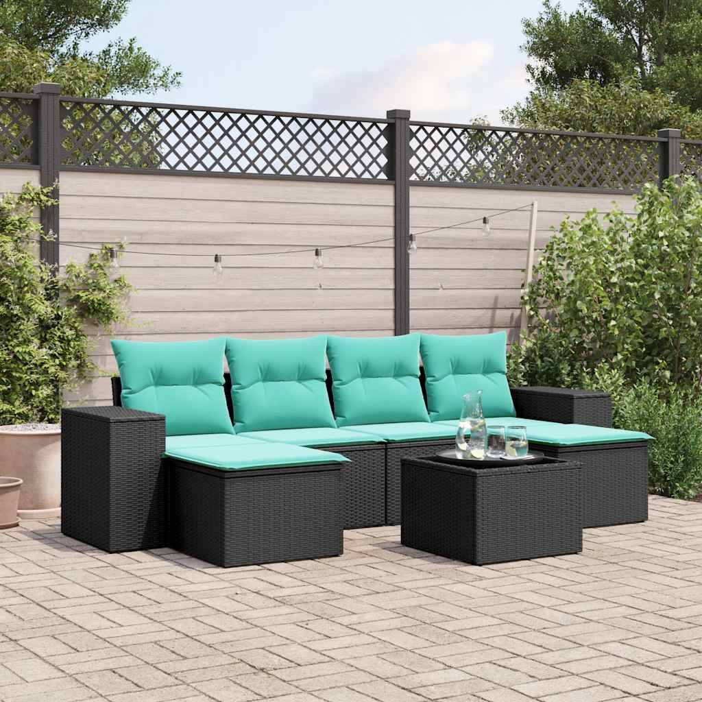 vidaXL 7-teiliges Gartensofa-Set mit Kissen, schwarzes Polyrattan