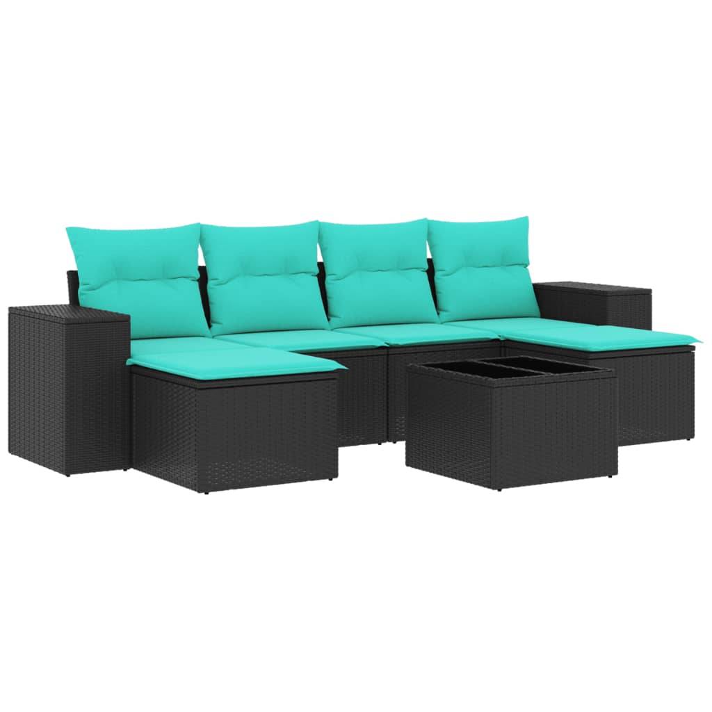 vidaXL 7-teiliges Gartensofa-Set mit Kissen, schwarzes Polyrattan