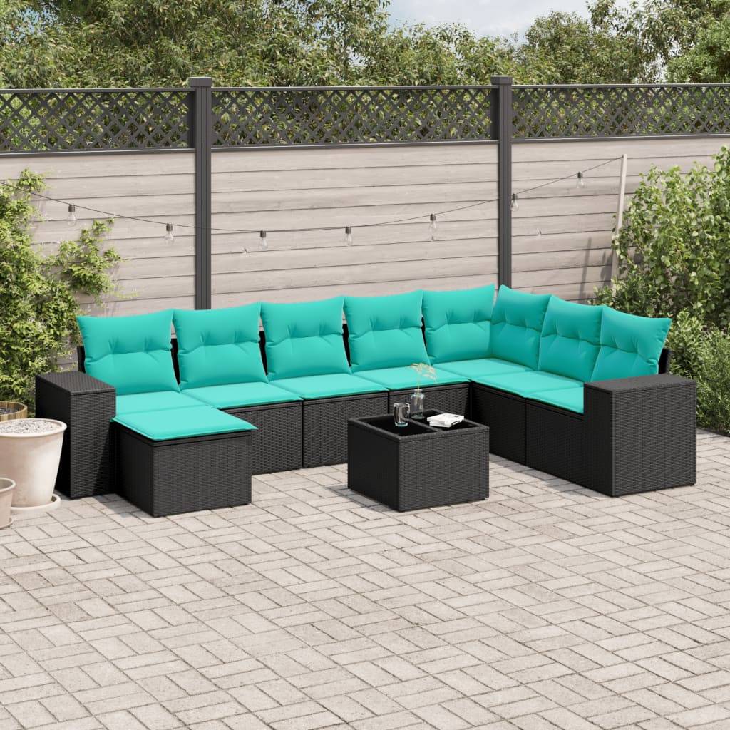 vidaXL 9-teiliges Gartensofa-Set mit Kissen, schwarzes Polyrattan