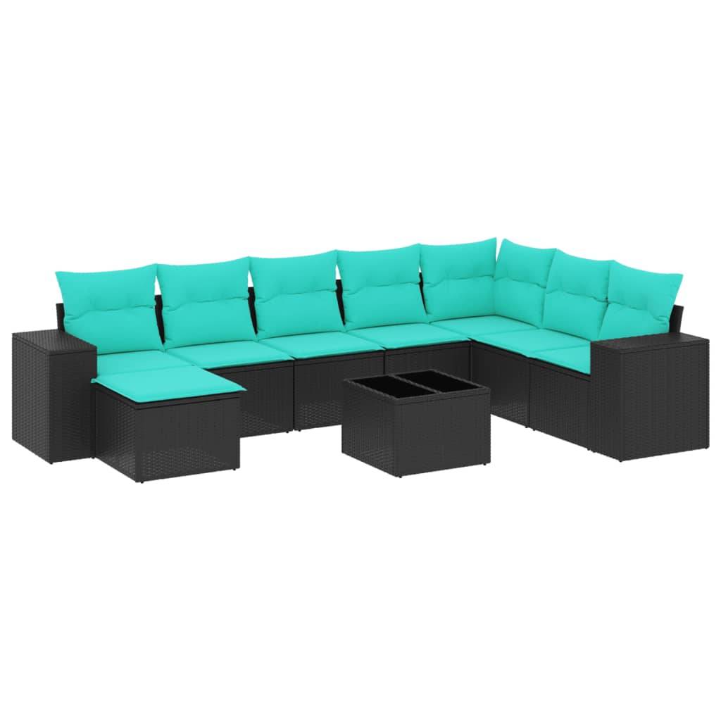 vidaXL 9-teiliges Gartensofa-Set mit Kissen, schwarzes Polyrattan