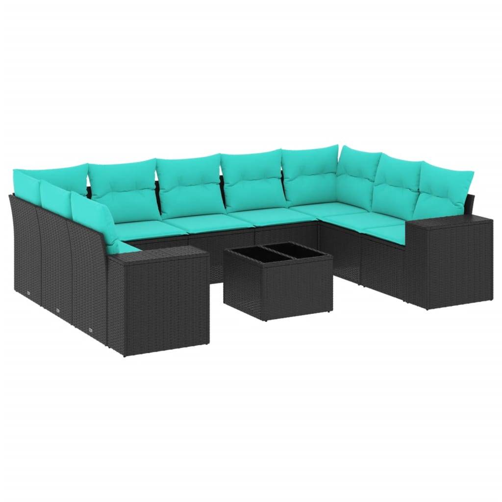 vidaXL 10-teiliges Gartensofa-Set mit Kissen, schwarzes Polyrattan