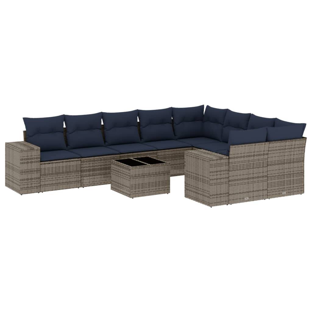 vidaXL 10-teiliges Gartensofa-Set mit Kissen, grau, Polyrattan