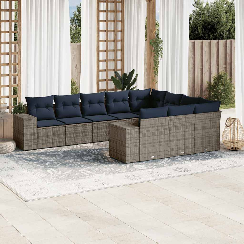 vidaXL 10-teiliges Gartensofa-Set mit Kissen, grau, Polyrattan
