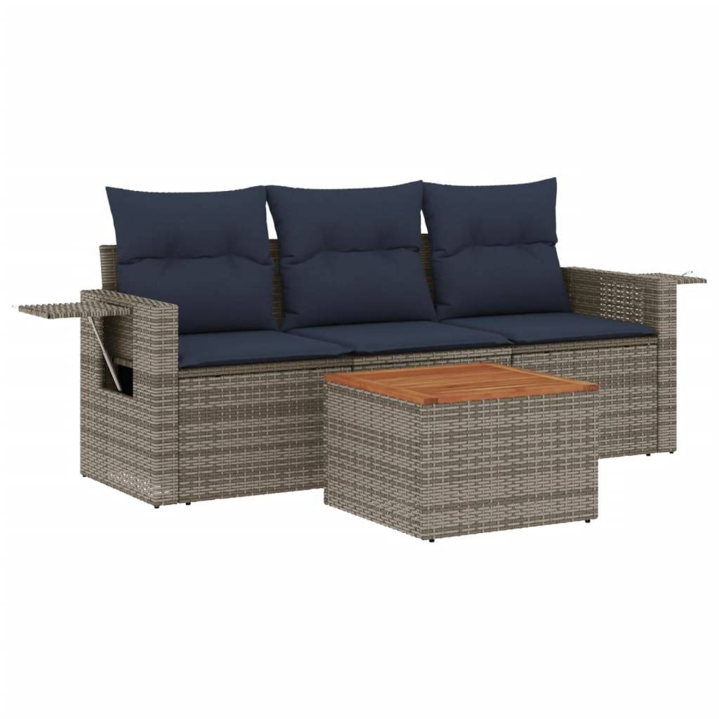 vidaXL 4-teiliges Gartensofa-Set mit Kissen, grau, Polyrattan