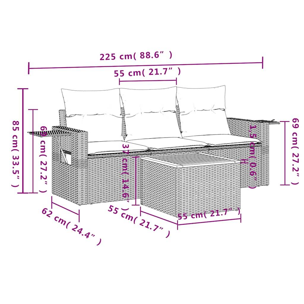 vidaXL 4-teiliges Gartensofa-Set mit Kissen, schwarzes Polyrattan