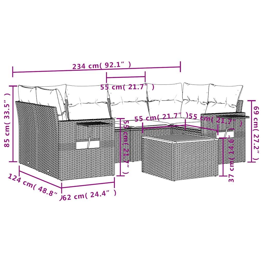 vidaXL 7-teiliges Gartensofa-Set mit Kissen, schwarzes Polyrattan
