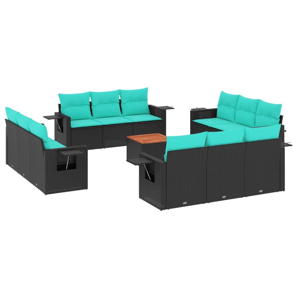 vidaXL 13-teiliges Gartensofa-Set mit Kissen, schwarzes Polyrattan