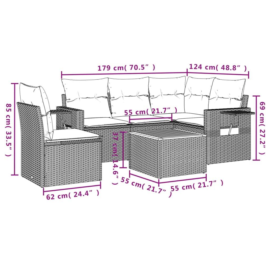 vidaXL 6-teiliges Gartensofa-Set mit Kissen, schwarzes Polyrattan