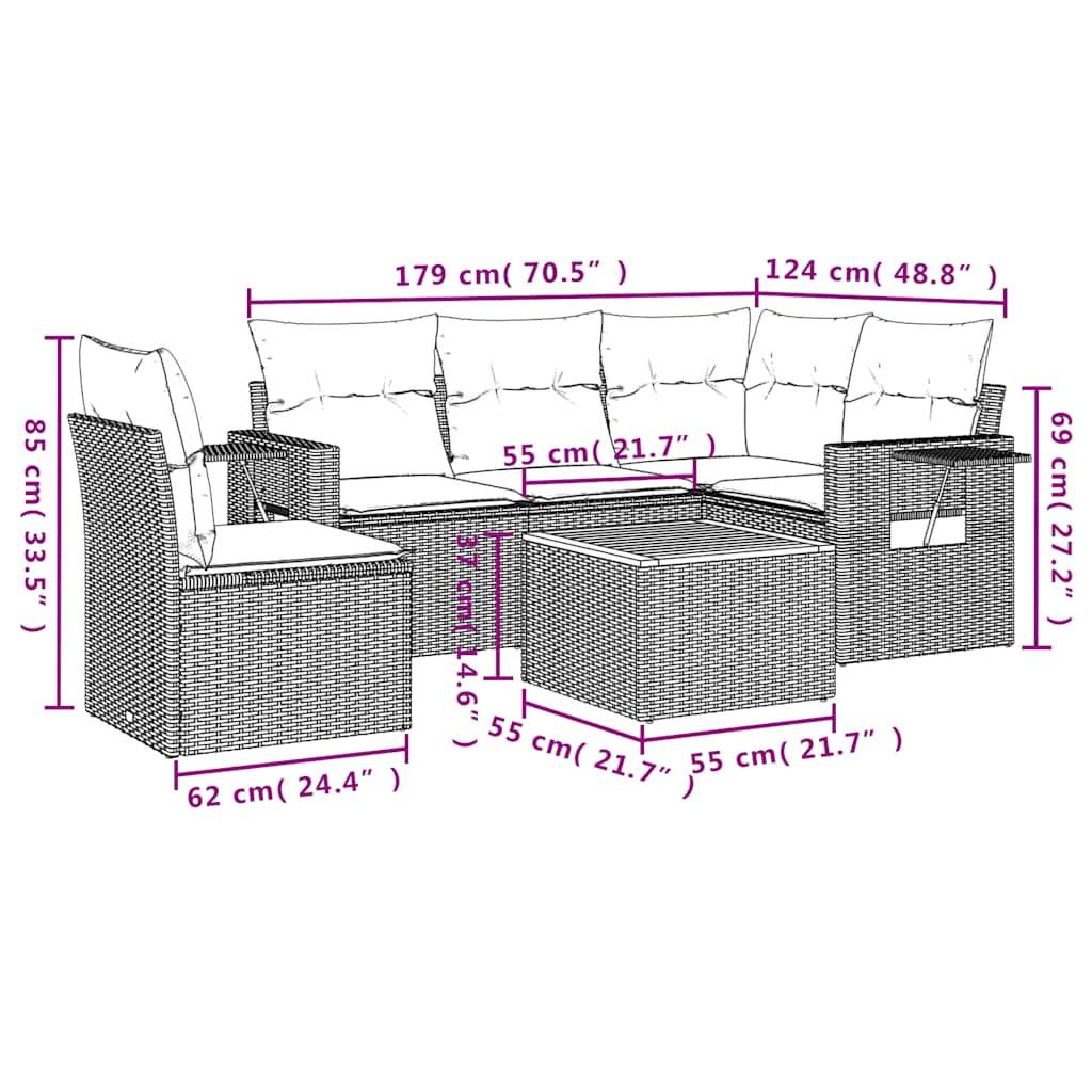 vidaXL 6-teiliges Gartensofa-Set mit Kissen, grau, Polyrattan