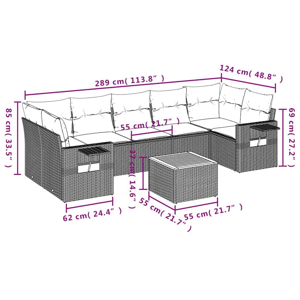vidaXL 8-teiliges Gartensofa-Set mit Kissen, schwarzes Polyrattan