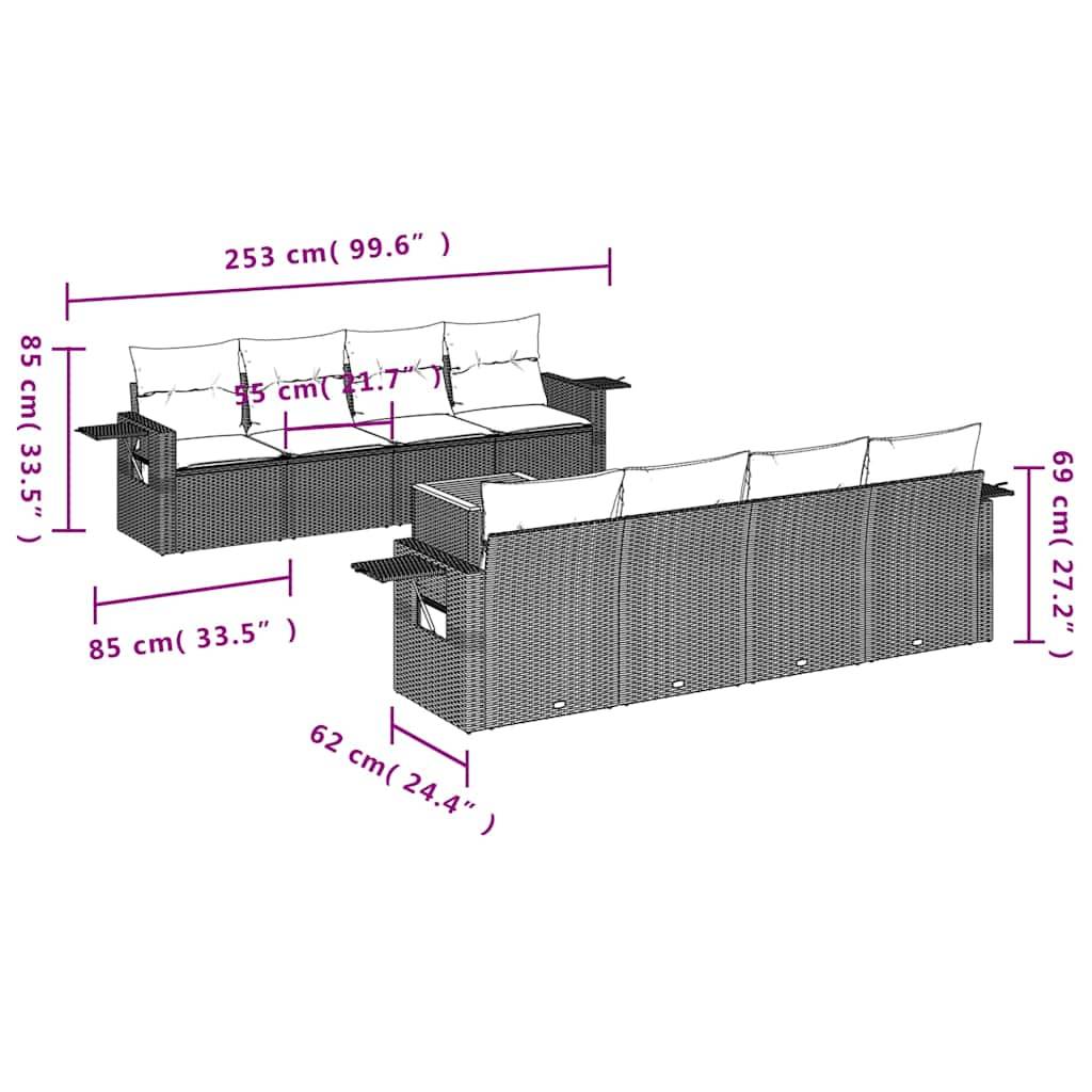 vidaXL 9-teiliges Gartensofa-Set mit Kissen, schwarzes Polyrattan