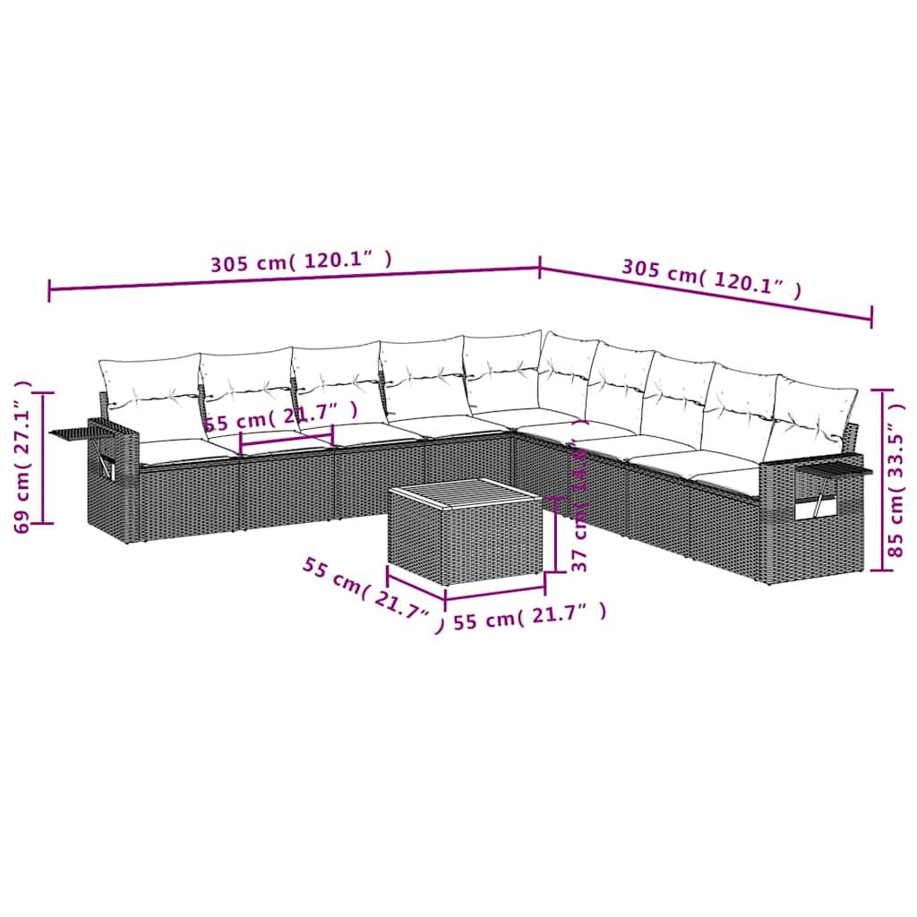 vidaXL 10-teiliges Gartensofa-Set mit Kissen, schwarzes Polyrattan