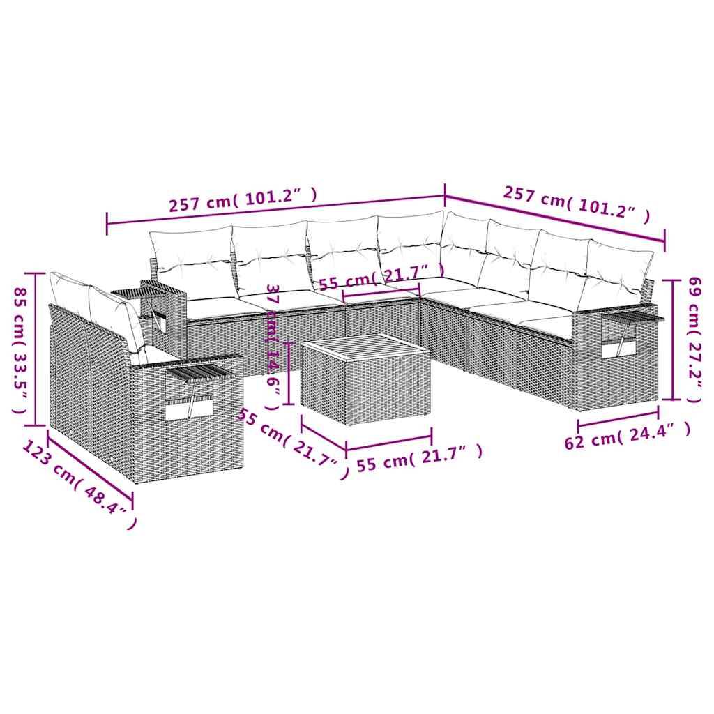 vidaXL 10-teiliges Gartensofa-Set mit Kissen, schwarzes Polyrattan